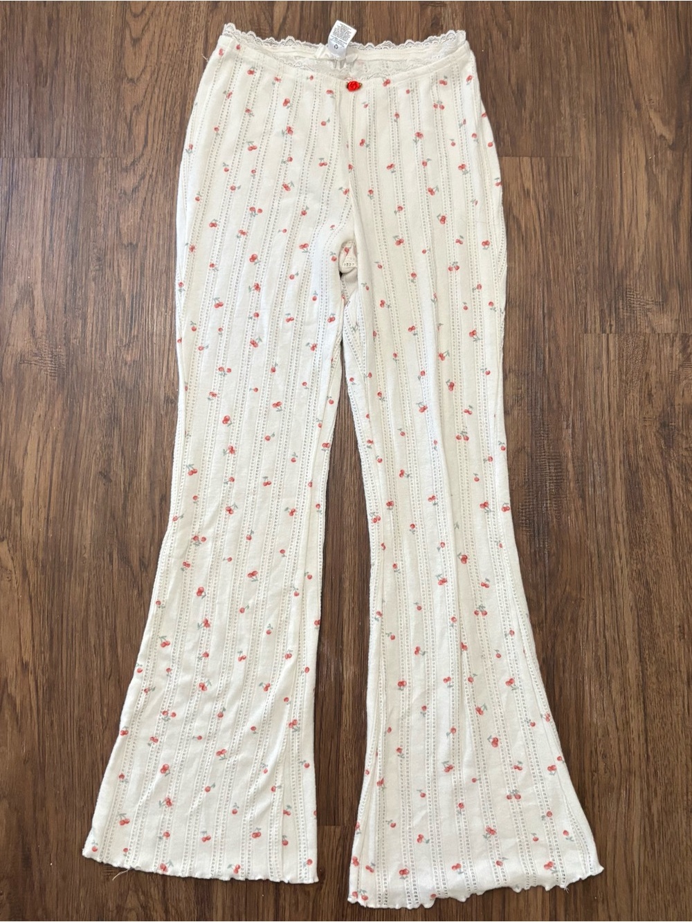 Pink Rose Cottagecore Cherry Print Lace Trim Pajama Pants White M